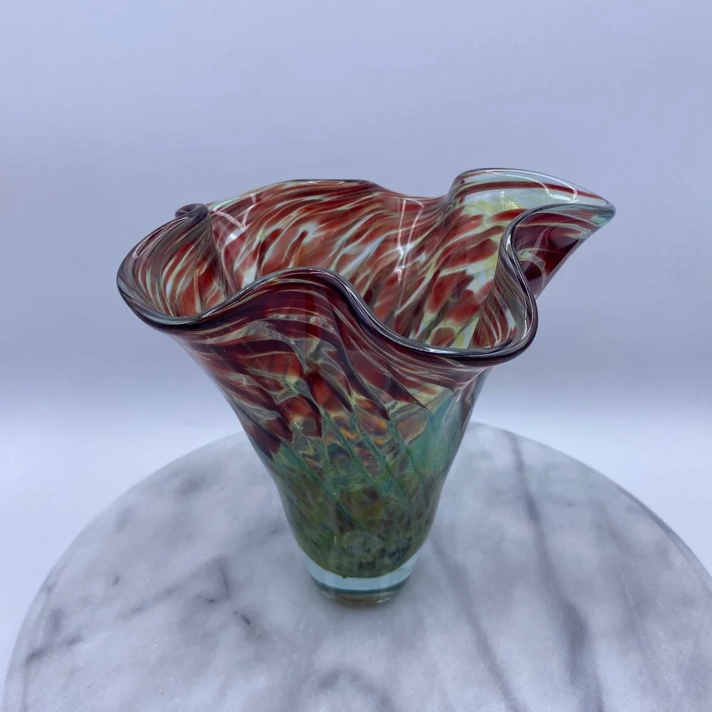 Vintage Artist Signed Studio Abstract Art Glass 1998 Handblown Ruffled Vase 7.5